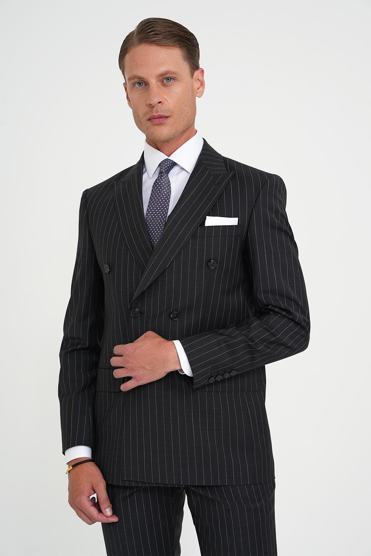 Slim Fit Çift Yırtmaç Çizgili Kruvaze Klasik Antrasit Takım Elbise Tk 925