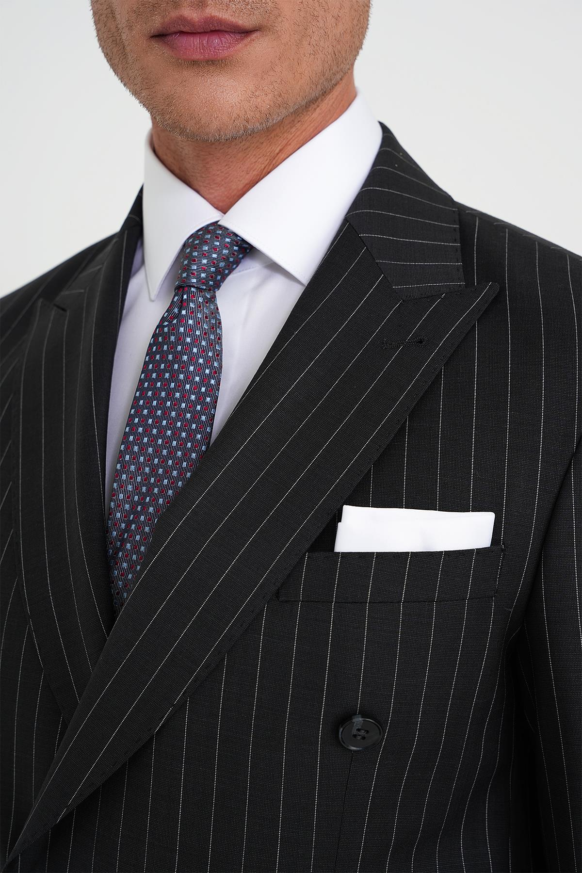 Slim Fit Çift Yırtmaç Çizgili Kruvaze Klasik Antrasit Takım Elbise Tk 925