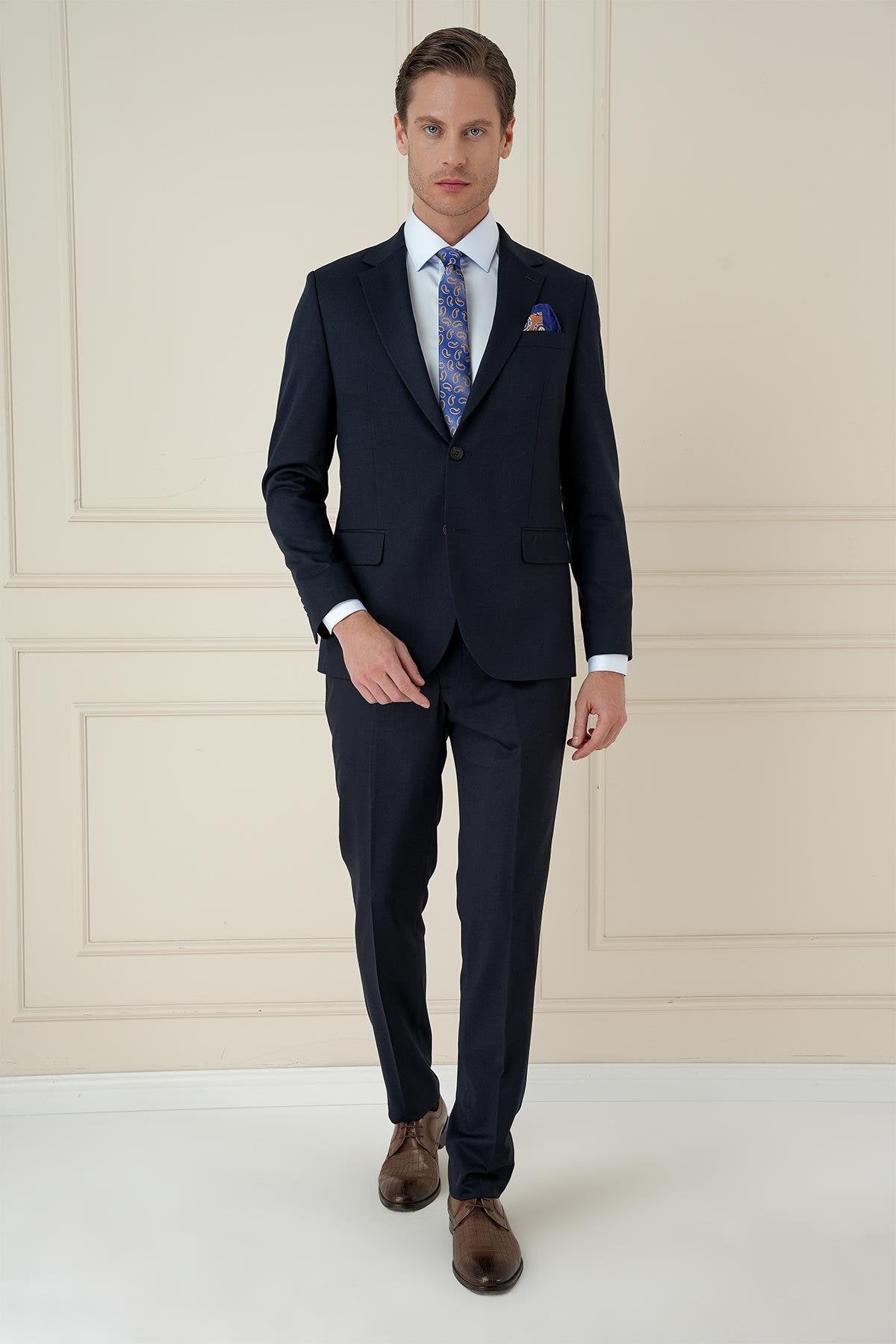 Tk 912 Slim Fit Çift Yırtmaç Mono Yaka Klasik Lacivert Takım Elbise