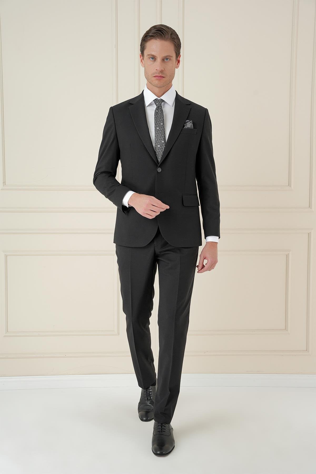 Tk 912 Slim Fit Çift Yırtmaç Mono Yaka Klasik Siyah Takım Elbise