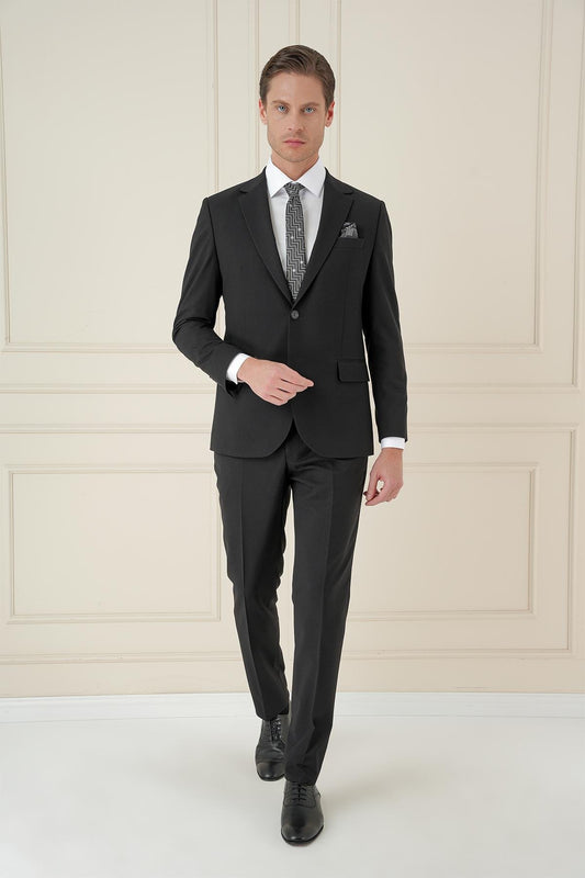 Tk 912 Slim Fit Çift Yırtmaç Mono Yaka Klasik Siyah Takım Elbise