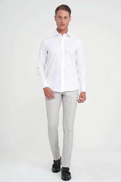 Slim Fit %100 Pamuk Non Iron Kumaş Dokulu Klasik Beyaz Gömlek Gk 744