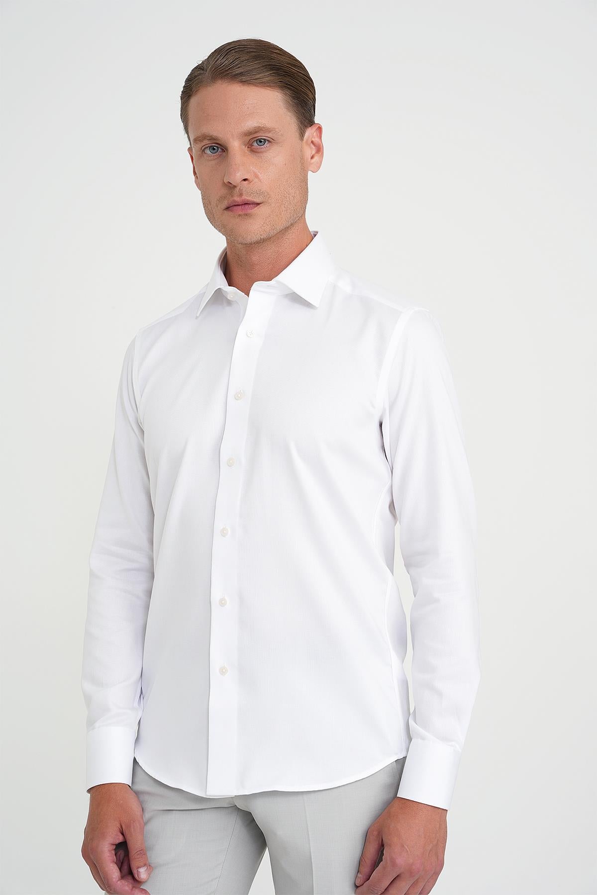 Slim Fit %100 Pamuk Non Iron Kumaş Dokulu Klasik Beyaz Gömlek Gk 744