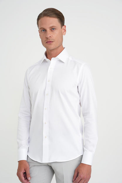 Slim Fit %100 Pamuk Non Iron Kumaş Dokulu Klasik Beyaz Gömlek Gk 744