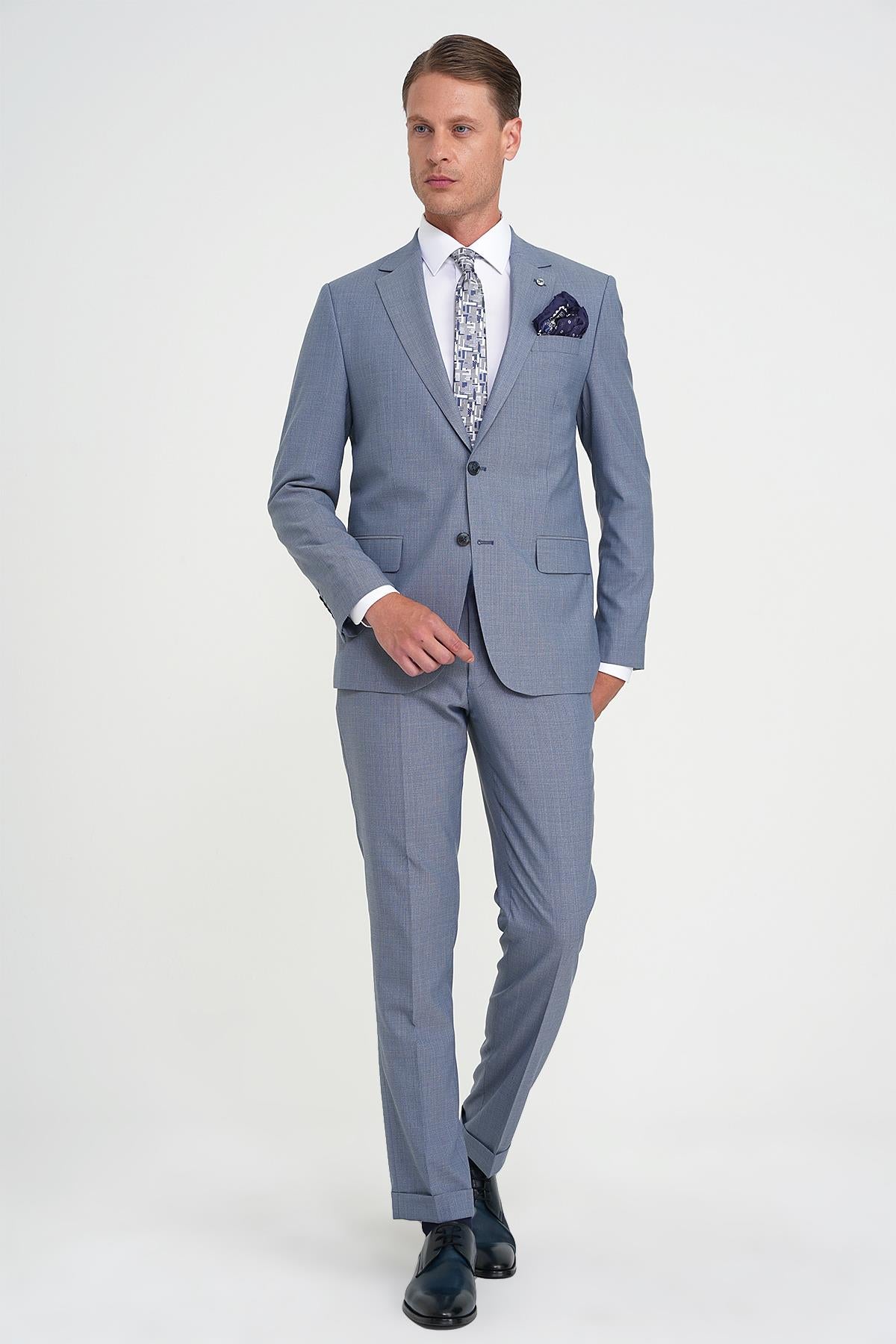 Tk 916 Slim Fit Çift Yırtmaç Esnek Yelekli Klasik Havacı Mavi Takım Elbise