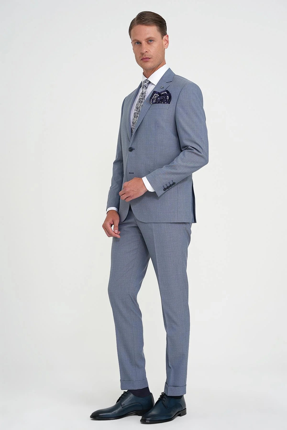 Tk 916 Slim Fit Çift Yırtmaç Esnek Yelekli Klasik Havacı Mavi Takım Elbise
