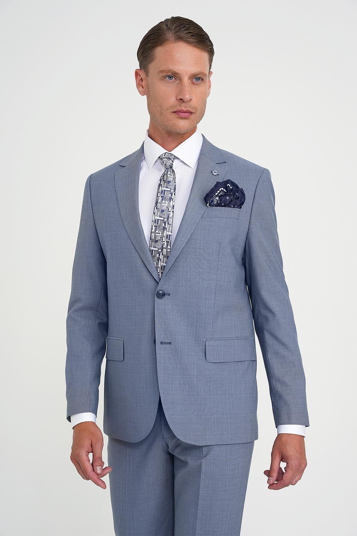 Tk 916 Slim Fit Çift Yırtmaç Esnek Yelekli Klasik Havacı Mavi Takım Elbise