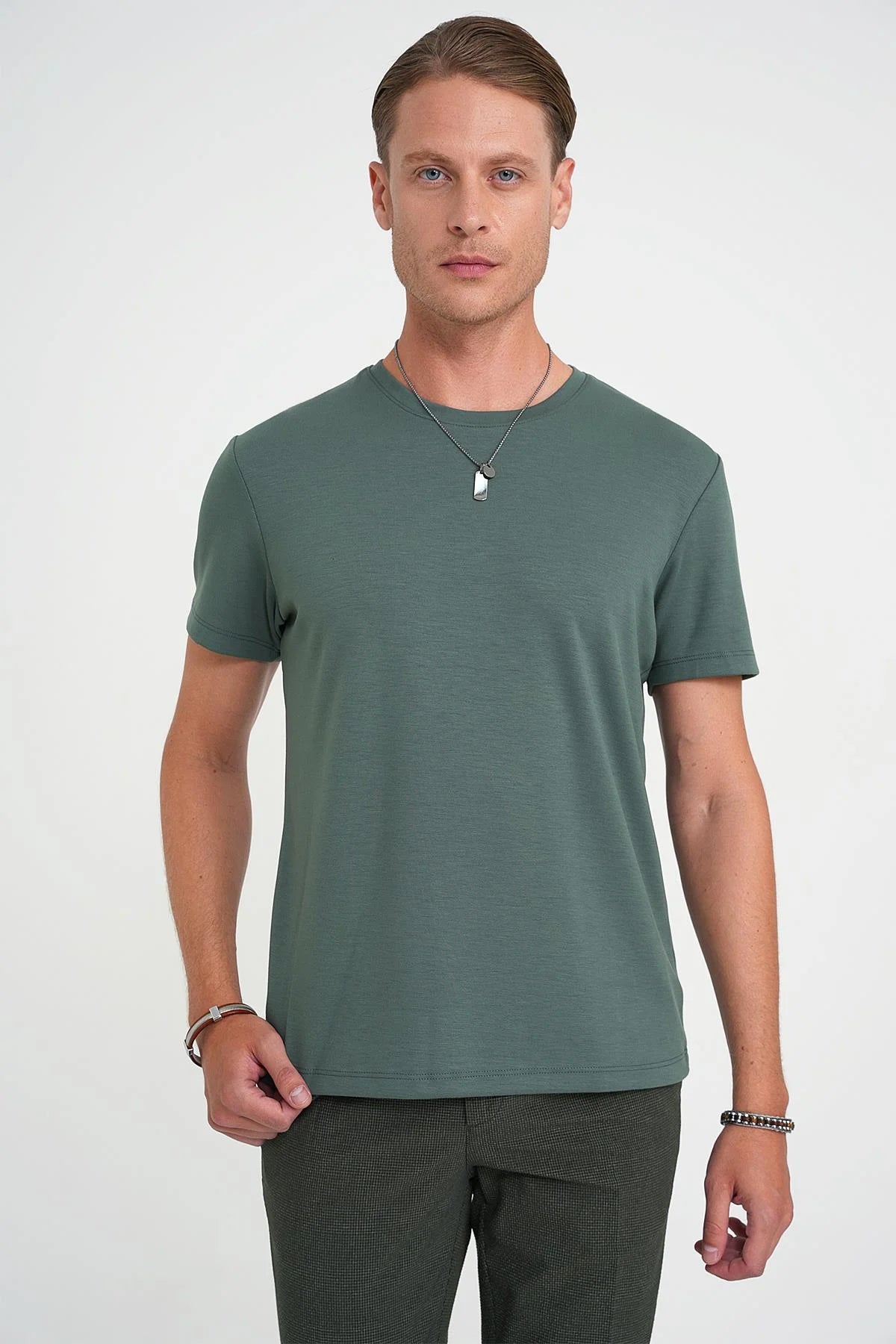 Ts 885 Comfort Fit Bisiklet Yaka Esnek Pamuk Casuel Çağla Tişört