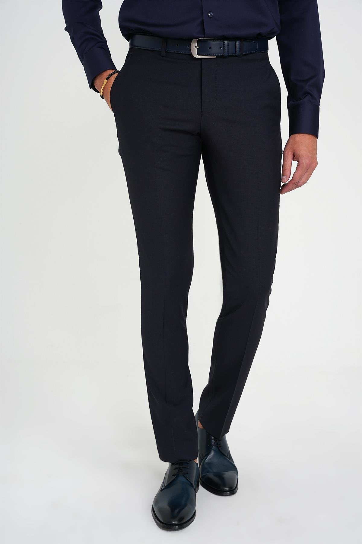 P 1191 Slim Fit Pilesiz Yün Klasik Lacivert Kumaş Pantolon