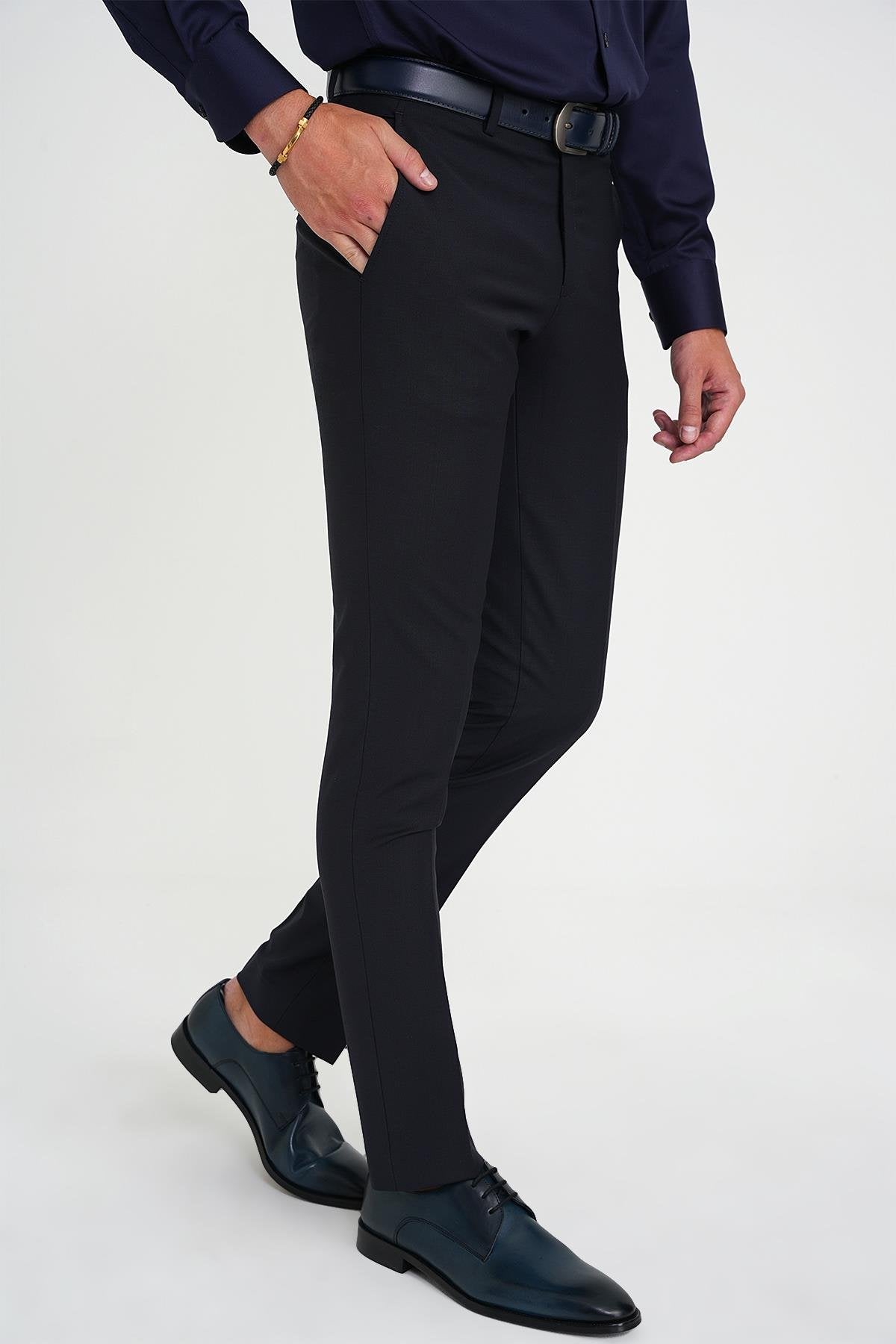 P 1191 Slim Fit Pilesiz Yün Klasik Lacivert Kumaş Pantolon