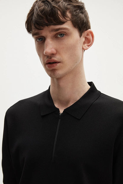 Tween Slim Fit Siyah Yarım Fermuarlı Polo Yaka Yazlık Triko