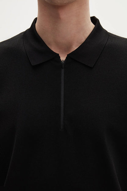 Tween Slim Fit Siyah Yarım Fermuarlı Polo Yaka Yazlık Triko