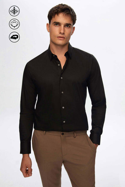 Tween Slim Fit Siyah Düz Easy Care Gömlek