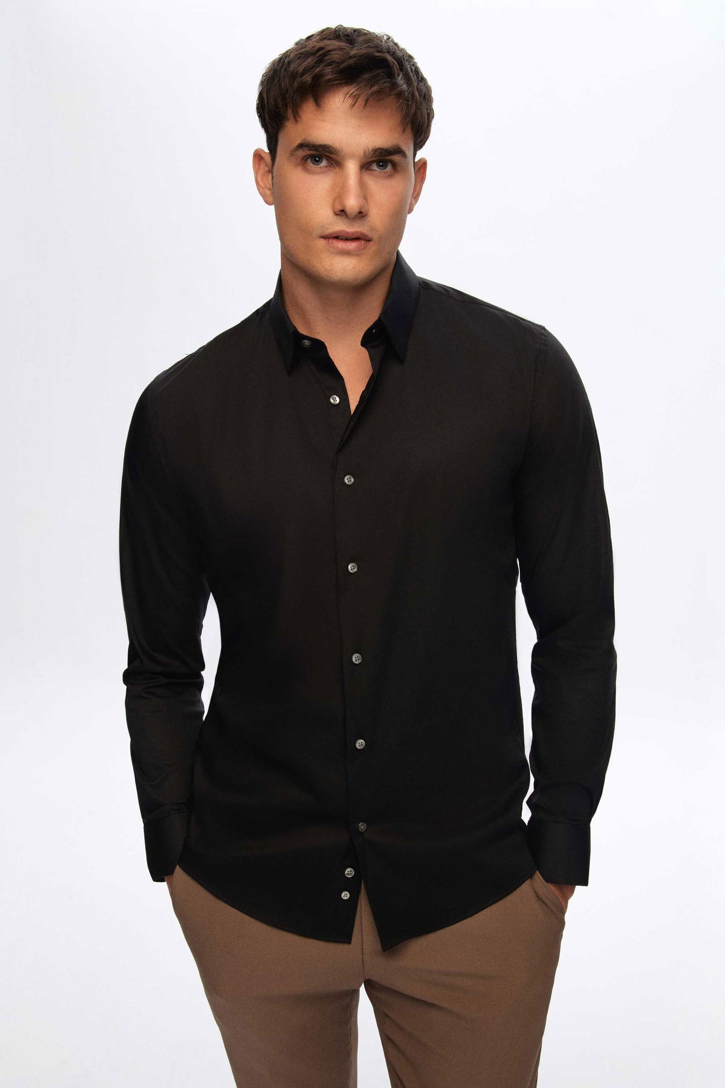 Tween Slim Fit Siyah Düz Easy Care Gömlek