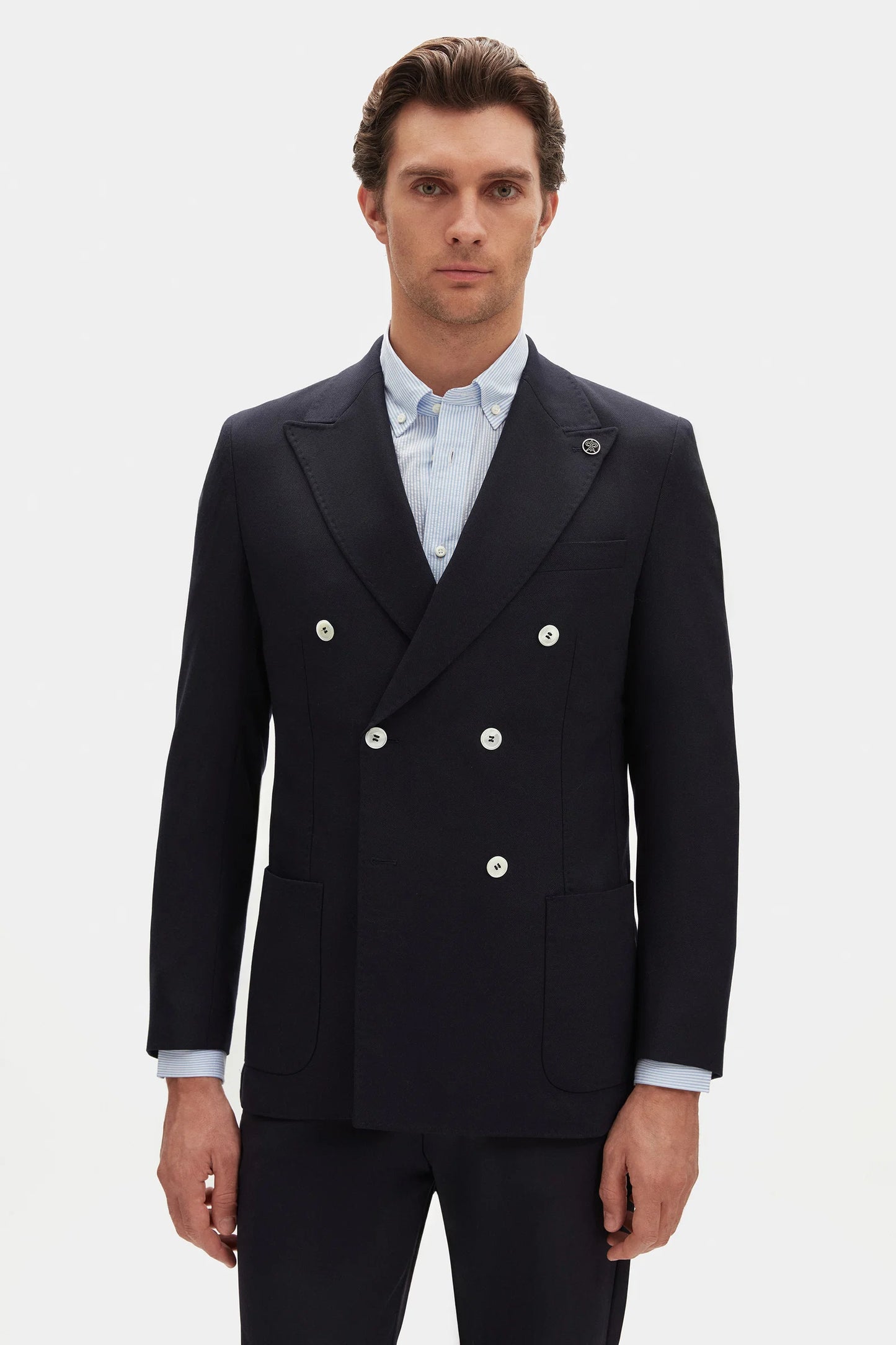 Damat Regular Fit Lacivert Loro Piana Kumaşıyla Üretilmiş Kruvaze Kumaş Ceket