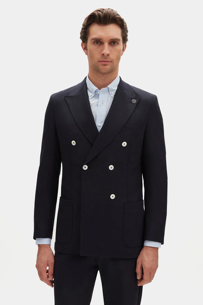 Damat Regular Fit Lacivert Loro Piana Kumaşıyla Üretilmiş Kruvaze Kumaş Ceket
