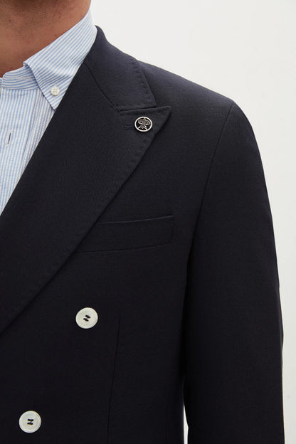Damat Regular Fit Lacivert Loro Piana Kumaşıyla Üretilmiş Kruvaze Kumaş Ceket