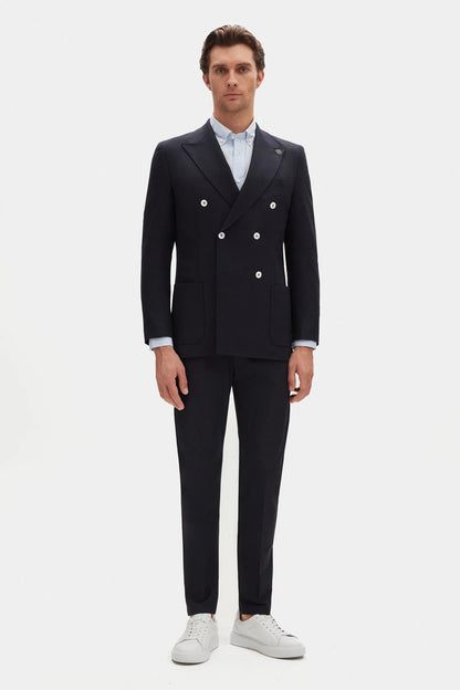 Damat Regular Fit Lacivert Loro Piana Kumaşıyla Üretilmiş Kruvaze Kumaş Ceket