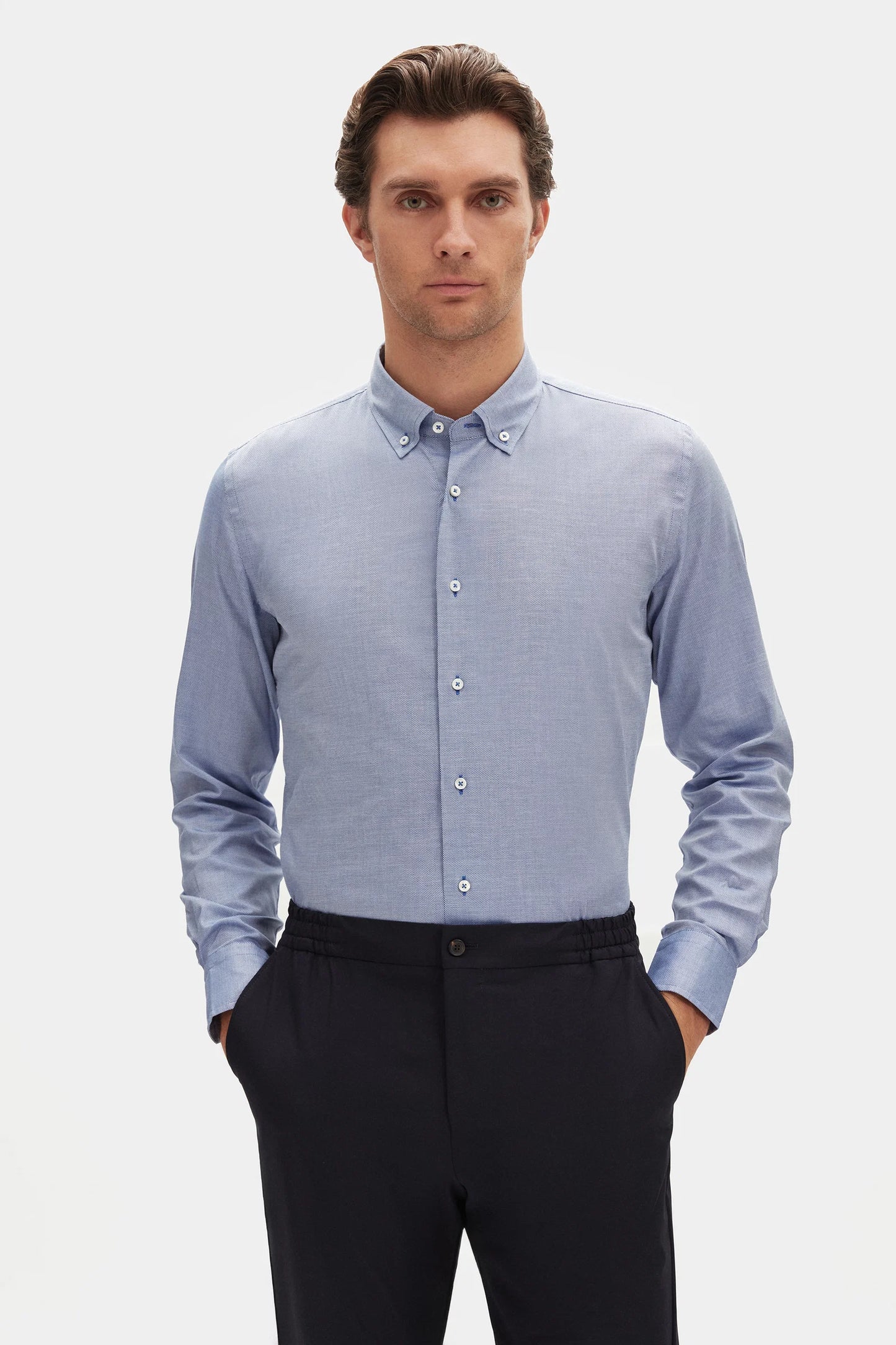 Damat Slim Fit Lacivert Armürlü %100 Pamuklu Gömlek