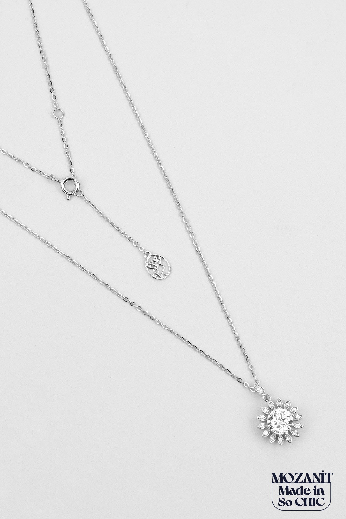 Ay Çiçeği Mozanit 18 Ayar Beyaz Altın Kaplama 44 Cm Gümüş Kolye 5096990199