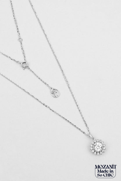 Ay Çiçeği Mozanit 18 Ayar Beyaz Altın Kaplama 44 Cm Gümüş Kolye 5096990199