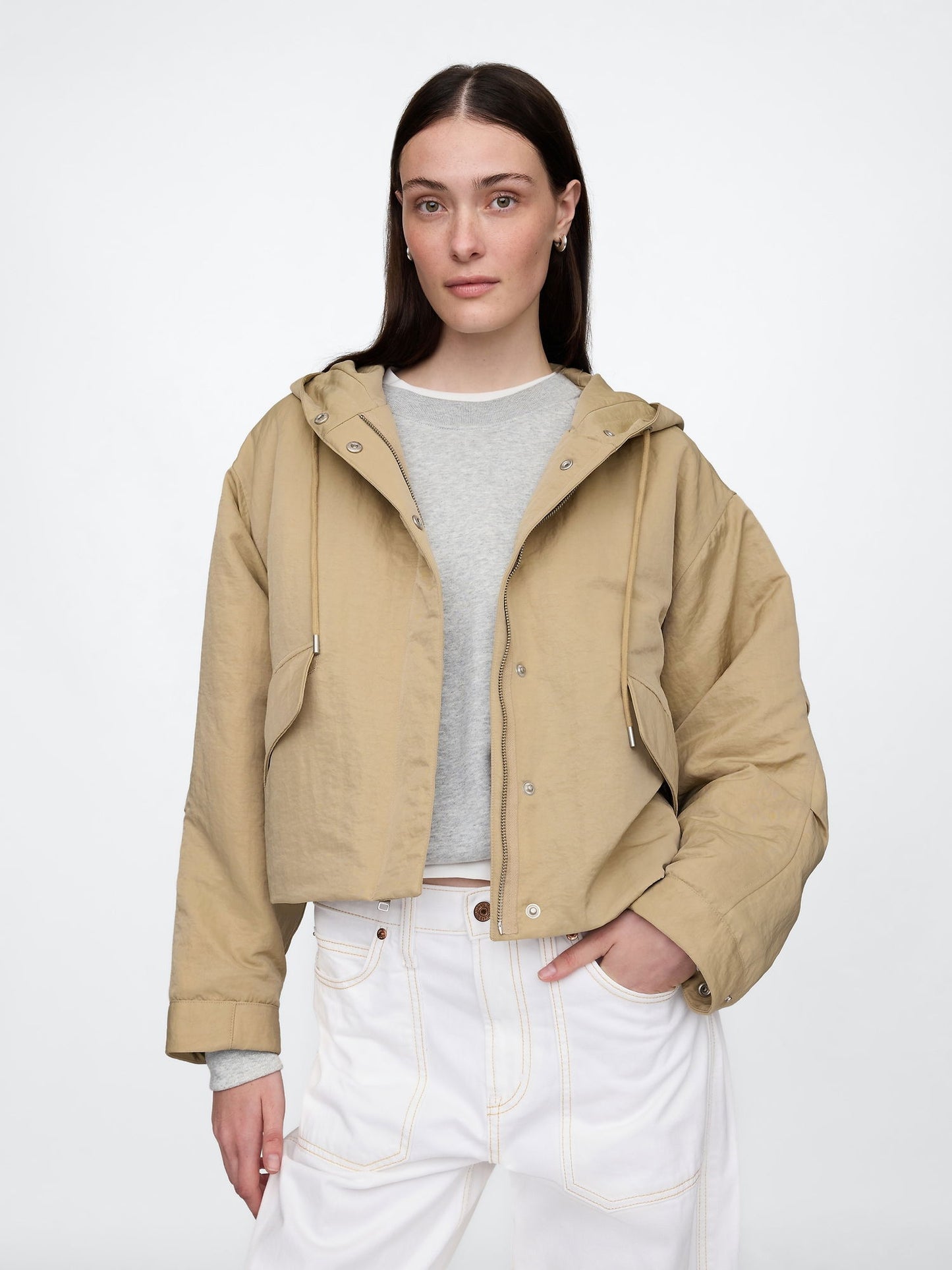 Bej Kapüşonlu Crop Ceket