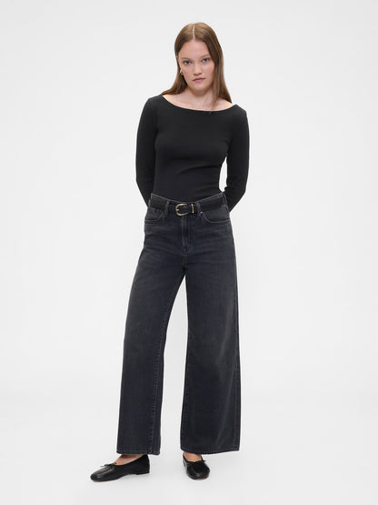 Siyah Modern Ribbed Boatneck T-shirt (2'li)