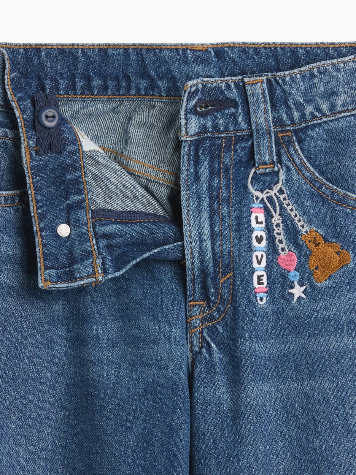 Mavi Low Rise Işlemeli Baggy Jean Pantolon