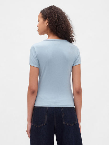 Açık Mavi Modern Fitilli Scoop Crop T-shirt