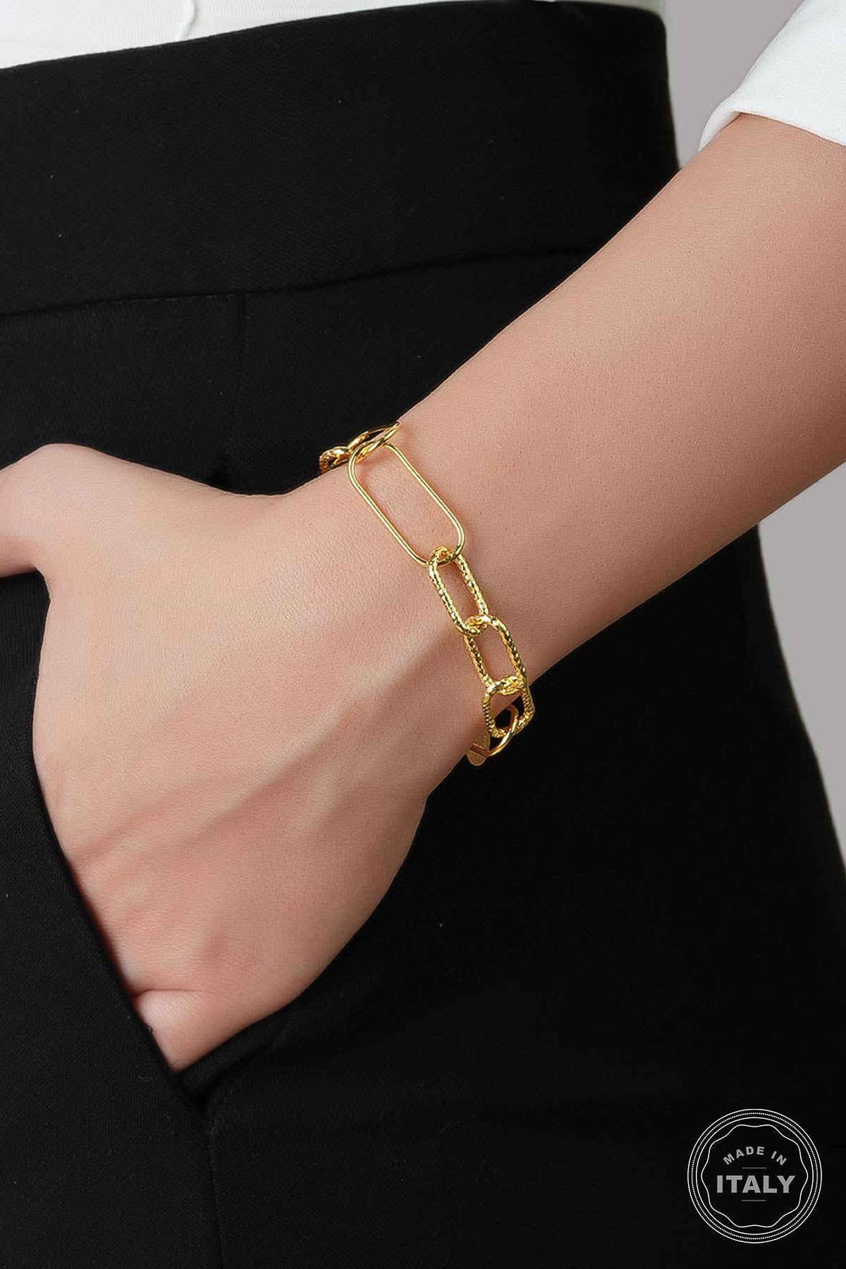 Italyan Tasarım 18 Ayar Sarı Altın Kaplama 19 Cm Gümüş Tasarım Bileklik 5116514419