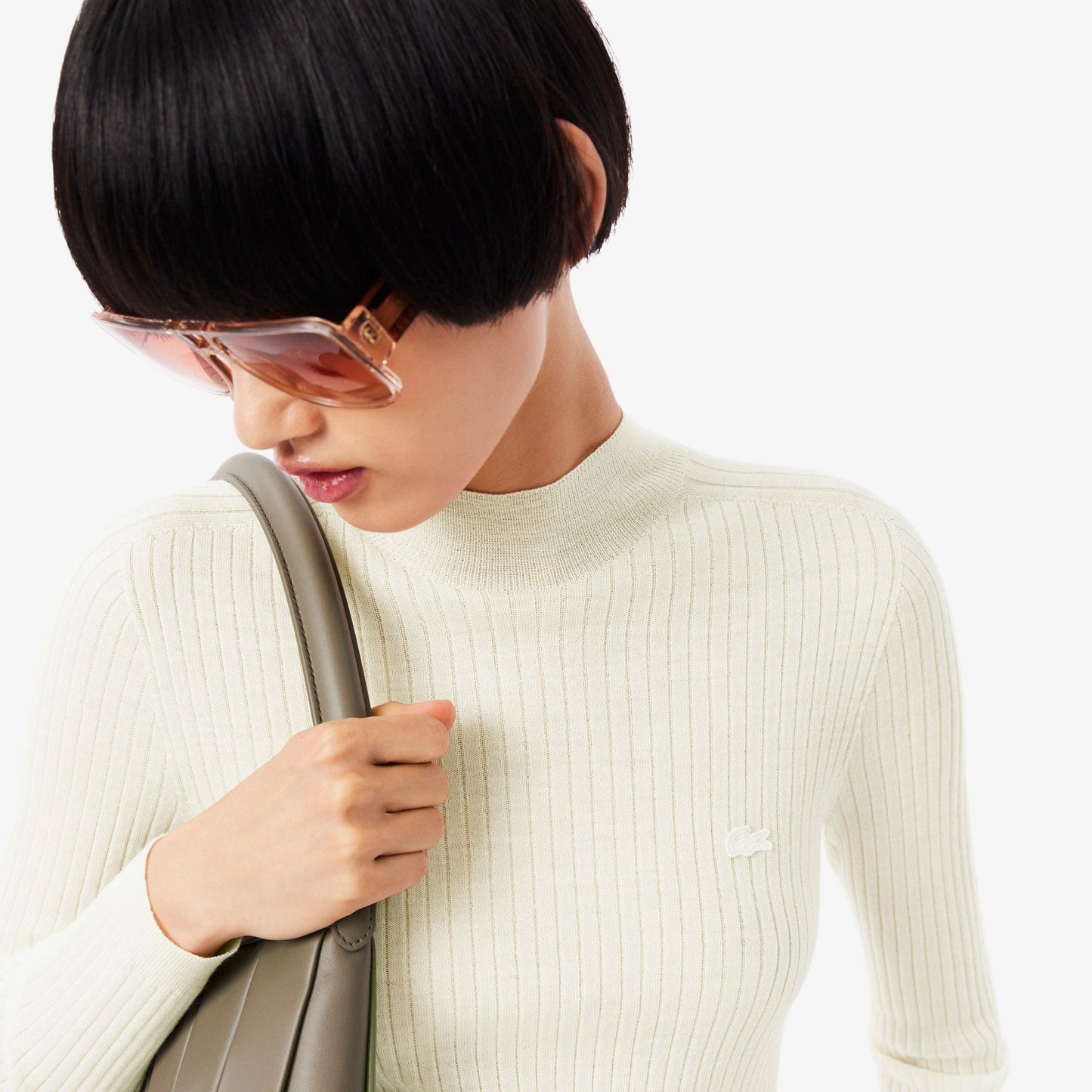 Lacoste Kadın Slim Fit Dik Yaka Beyaz Kazak