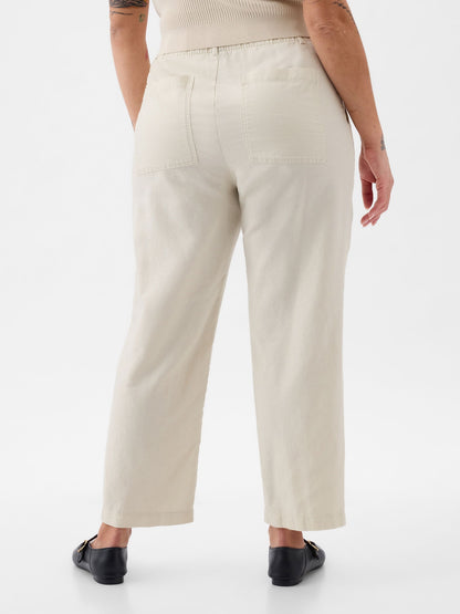 Bej High Rise Keten Karışımlı Pull-on Pantolon