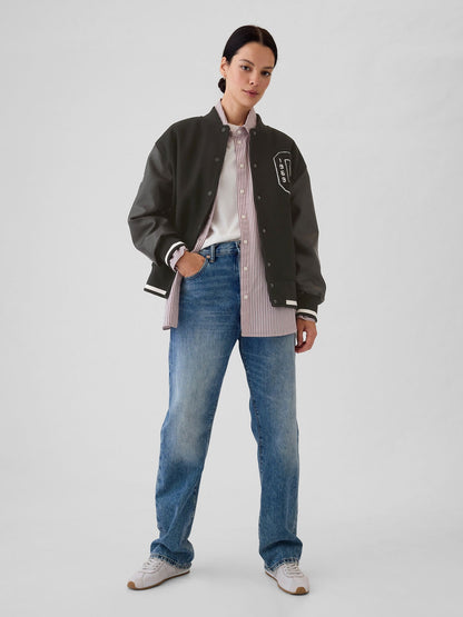 Siyah Yün Varsity Logo Boyfriend Ceket