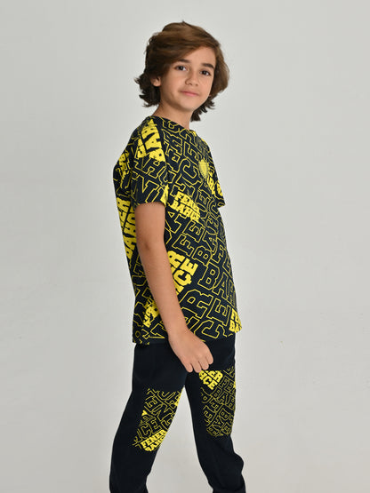 Fenerbahçe Lacivert Kolej Pattern Çocuk Oversize Tshirt