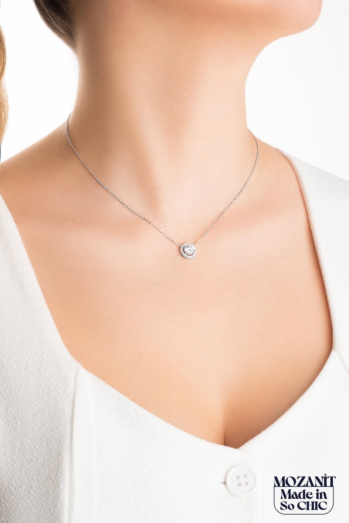 Mozanit Taşlı 18 Ayar Beyaz Altın Kaplama 45 Cm Gümüş Kolye 5159050199