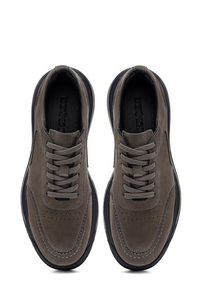 Erkek Gri Bağcıklı Kalın Tabanlı Nubuk Deri Sneaker