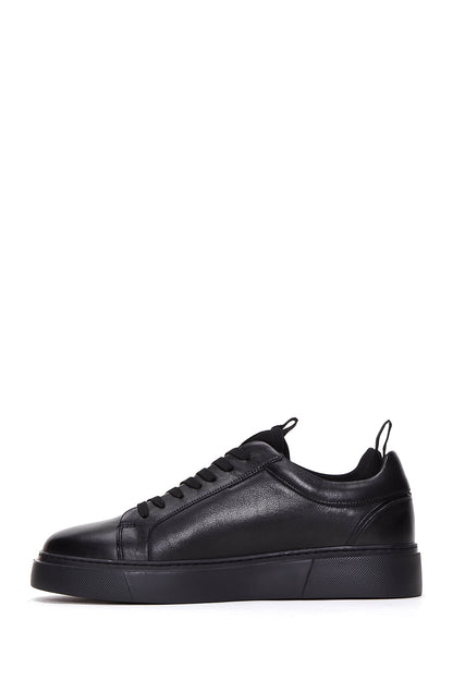 Erkek Siyah Bağcıklı Kalın Tabanlı Deri Sneaker