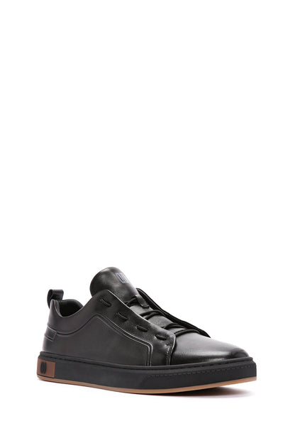 Erkek Siyah Bağcıklı Deri Sneaker