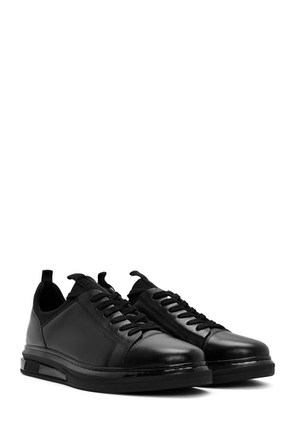 Erkek Siyah Bağcıklı Kalın Tabanlı Deri Sneaker