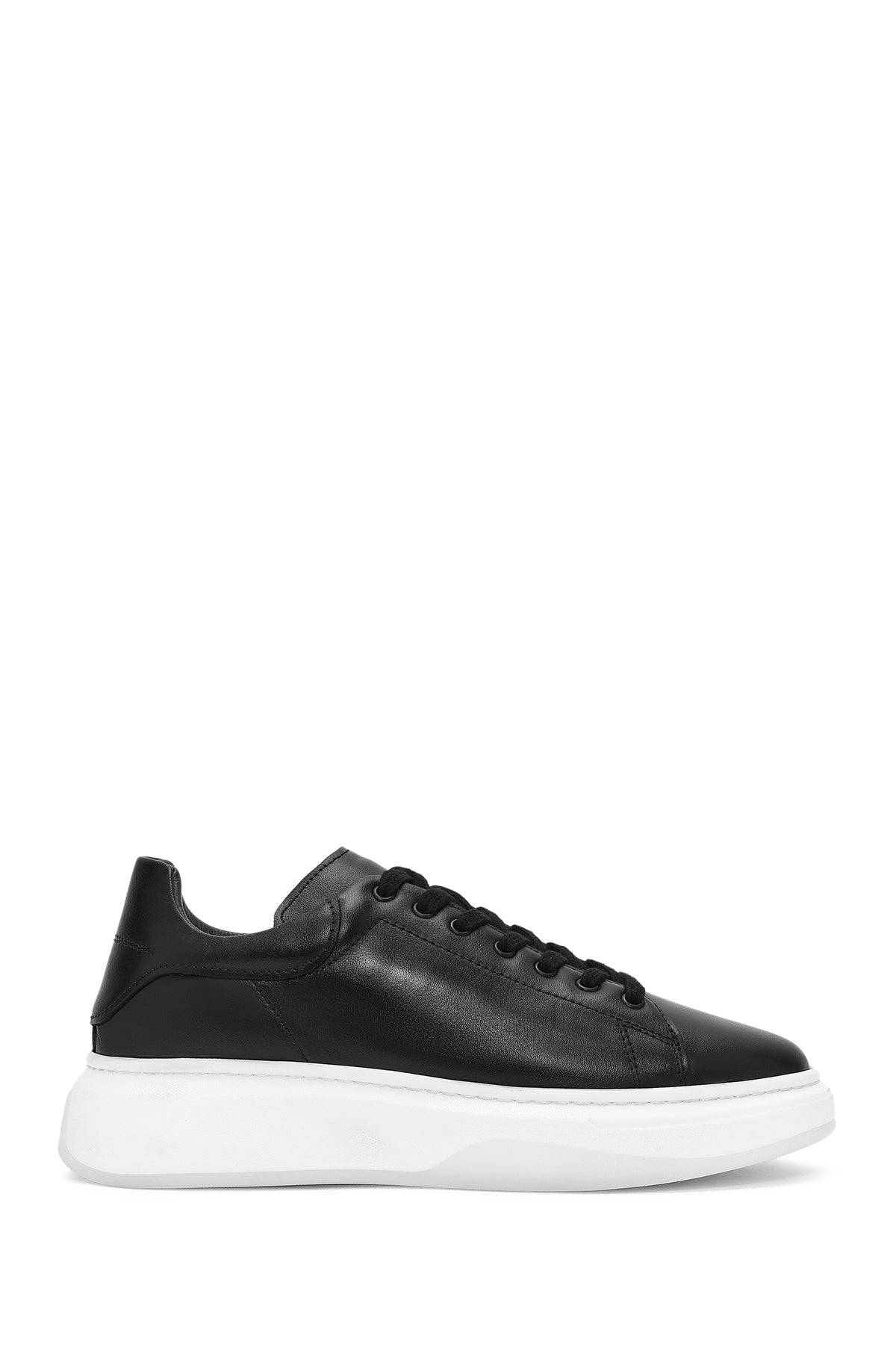 Erkek Siyah Bağcıklı Kalın Tabanlı Deri Sneaker