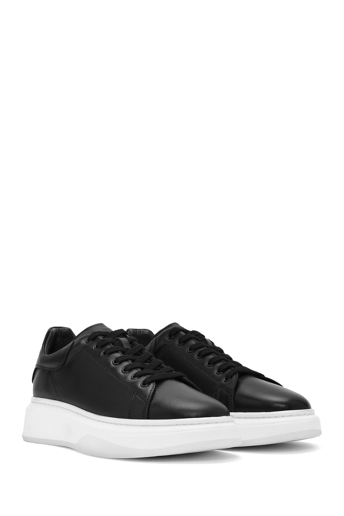 Erkek Siyah Bağcıklı Kalın Tabanlı Deri Sneaker