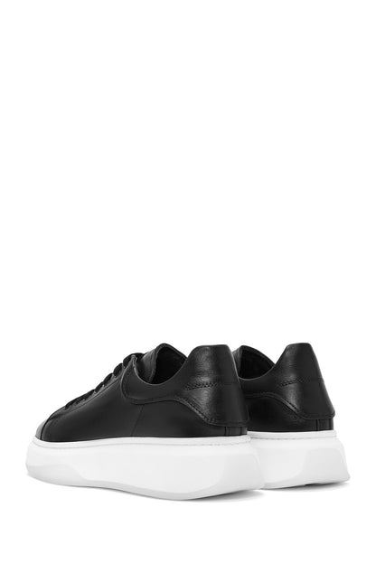 Erkek Siyah Bağcıklı Kalın Tabanlı Deri Sneaker