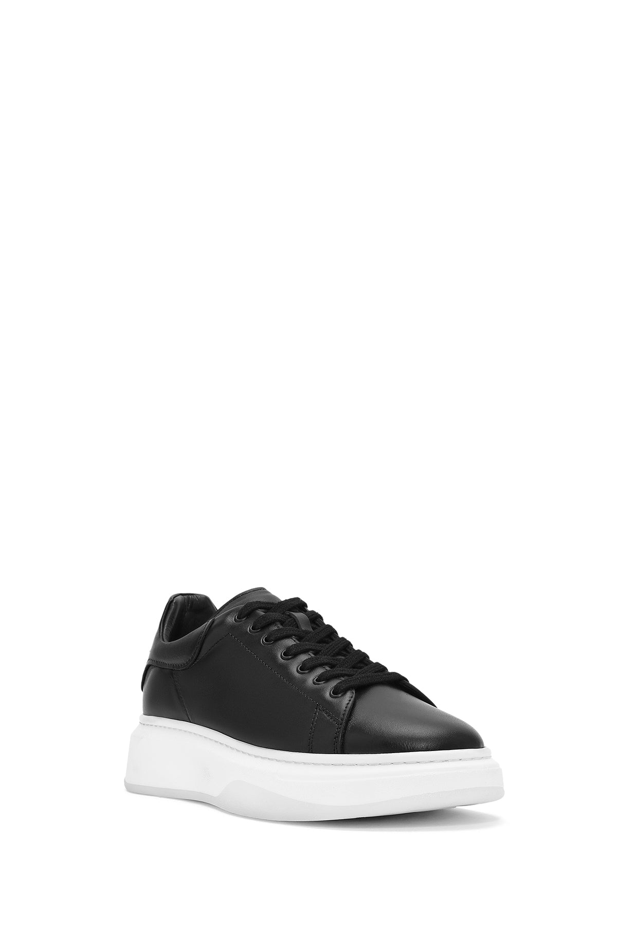 Erkek Siyah Bağcıklı Kalın Tabanlı Deri Sneaker