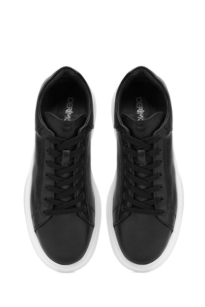 Erkek Siyah Bağcıklı Kalın Tabanlı Deri Sneaker