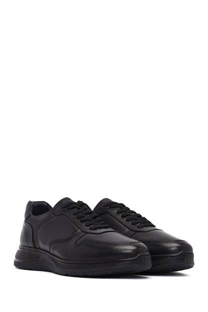 Erkek Siyah Bağcıklı Deri Casual Sneaker