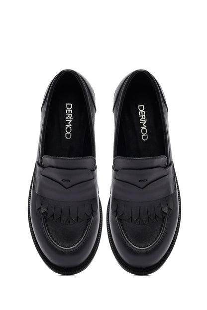 Kadın Siyah Deri Maskülen Loafer