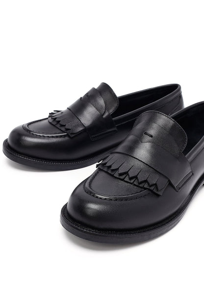 Kadın Siyah Deri Maskülen Loafer