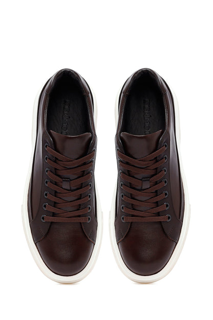 Erkek Kahverengi Bağcıklı Kalın Tabanlı Deri Sneaker