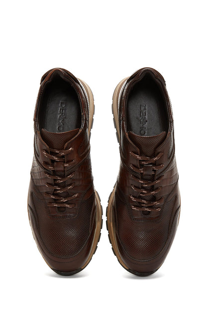 Erkek Kahverengi Bağcıklı Deri Casual Sneaker