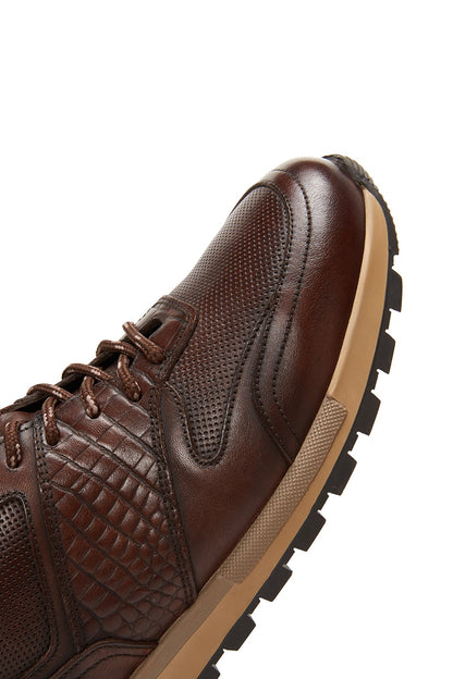 Erkek Kahverengi Bağcıklı Deri Casual Sneaker